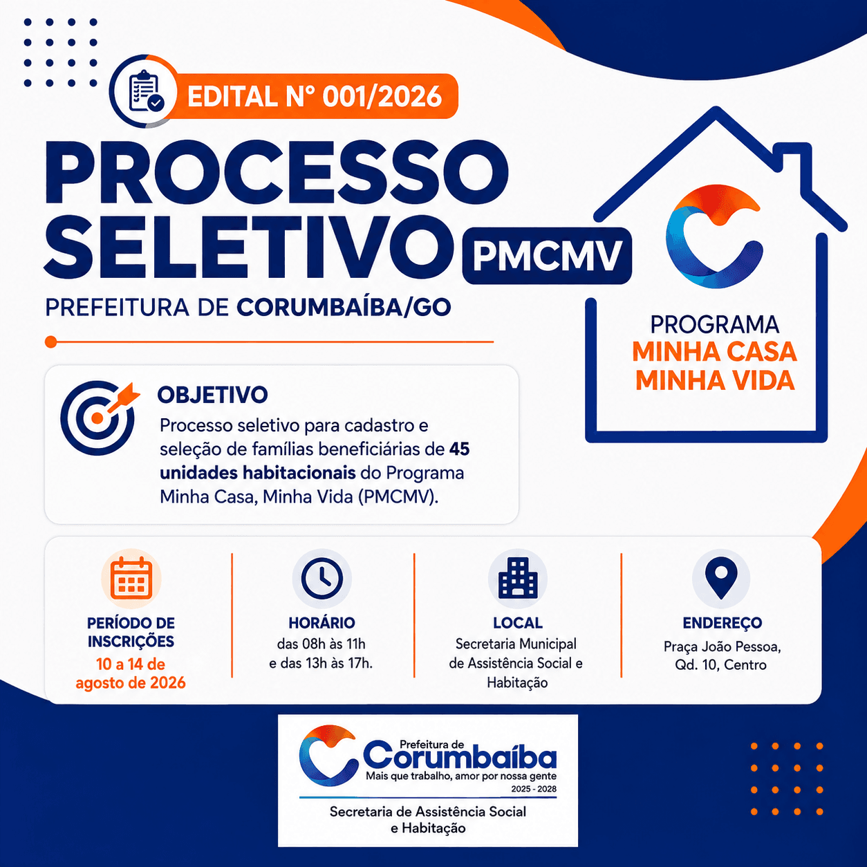 Edital nº 001/2026 – Processo Seletivo PMCMV – Prefeitura Municipal de Corumbaíba/GO
